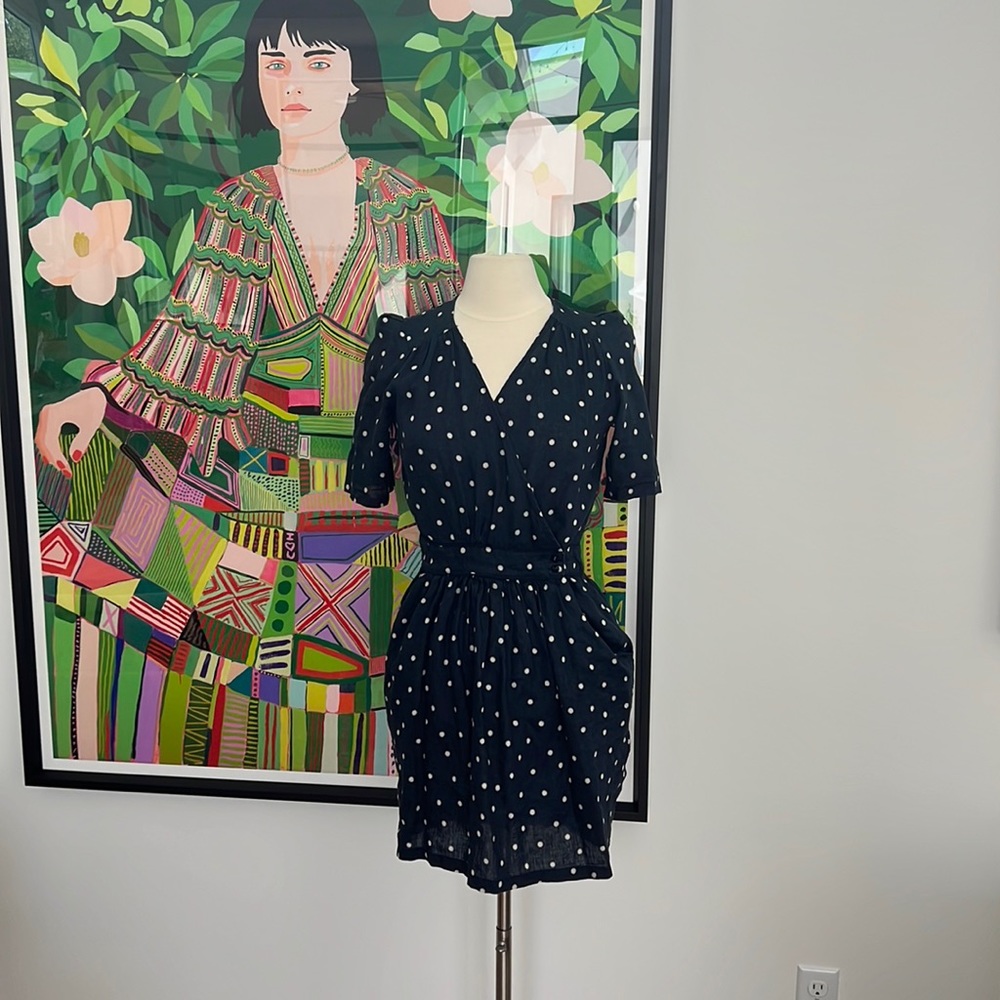 Navy Linen Polka Dot Dress